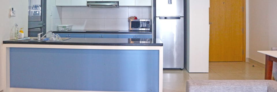 Deluxe Apartment | Private kitchen | Full-size fridge, microwave, stovetop, electric kettle