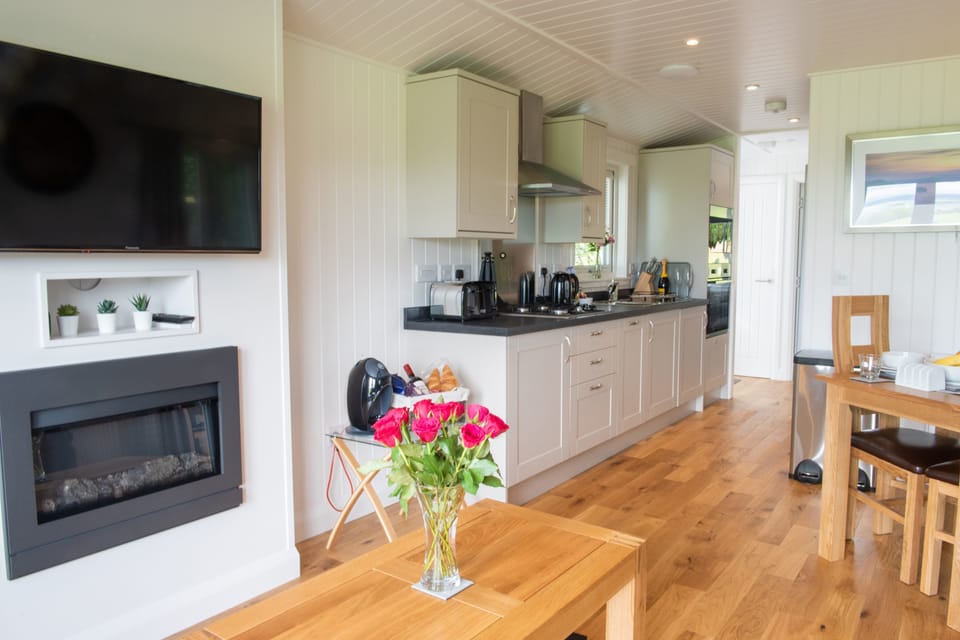 Cabin | Private kitchen | Full-size fridge, microwave, oven, stovetop