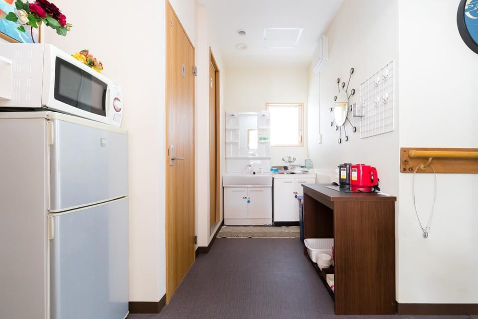 Fridge, microwave, electric kettle