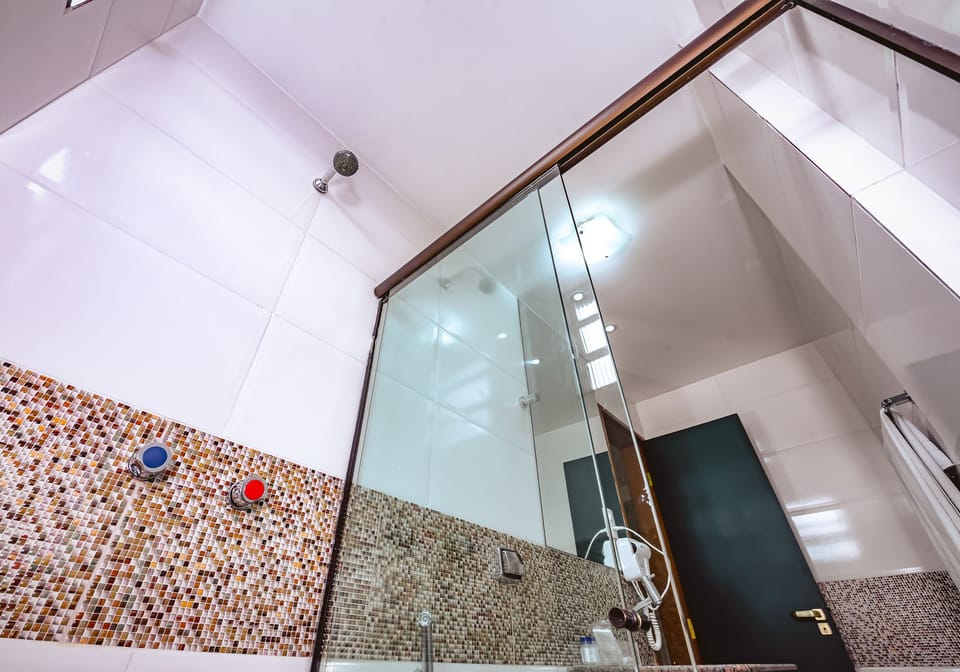 Shower, designer toiletries, hair dryer, bidet