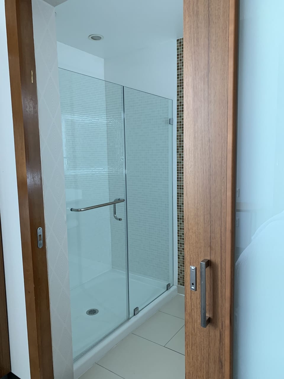 Shower, designer toiletries, hair dryer, towels