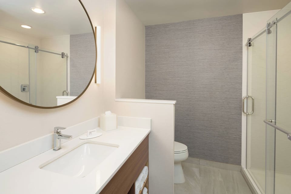 Hair dryer, towels, soap, shampoo