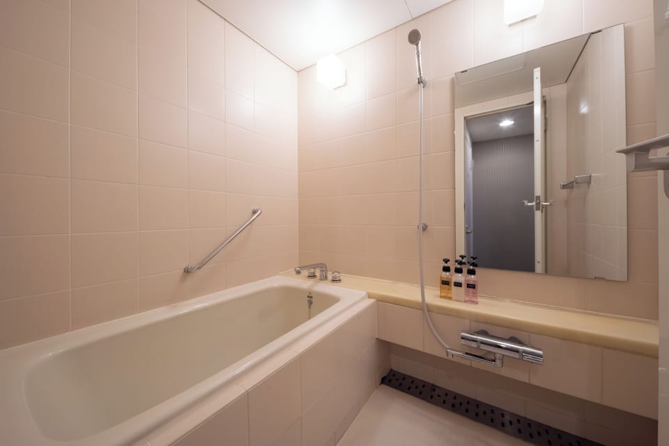 Separate tub and shower, deep soaking tub, free toiletries, hair dryer