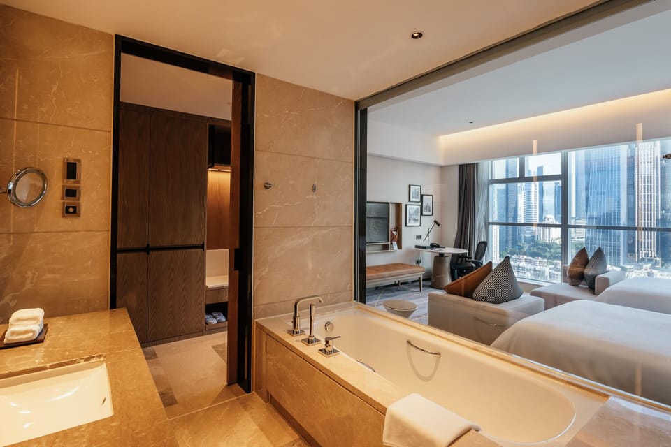 Separate tub and shower, deep soaking tub, rainfall showerhead