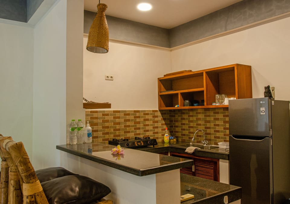 Deluxe Apartment, 2 Bedrooms, Kitchen, Pool View | Private kitchen | Full-size fridge, stovetop, electric kettle, cookware/dishes/utensils