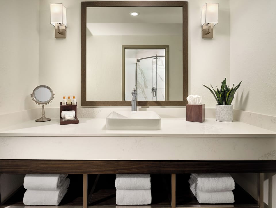 Shower, rainfall showerhead, designer toiletries, hair dryer