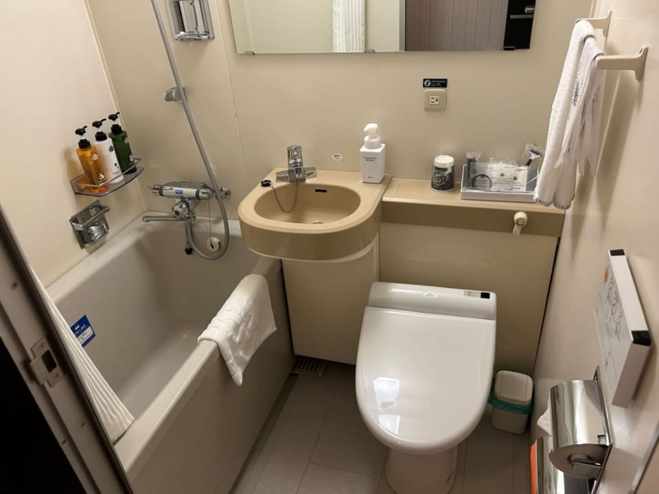 Combined shower/tub, free toiletries, hair dryer, slippers