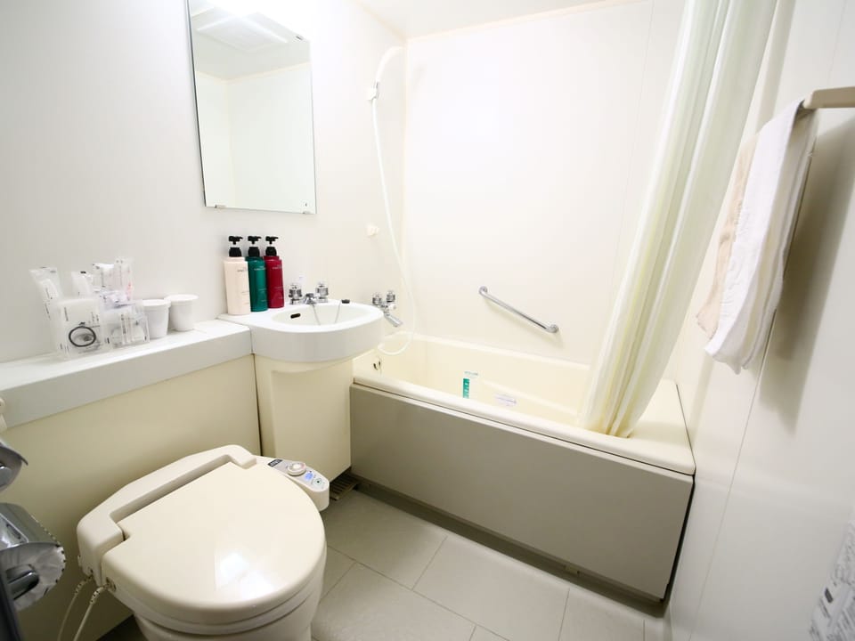 Combined shower/tub, free toiletries, hair dryer, slippers