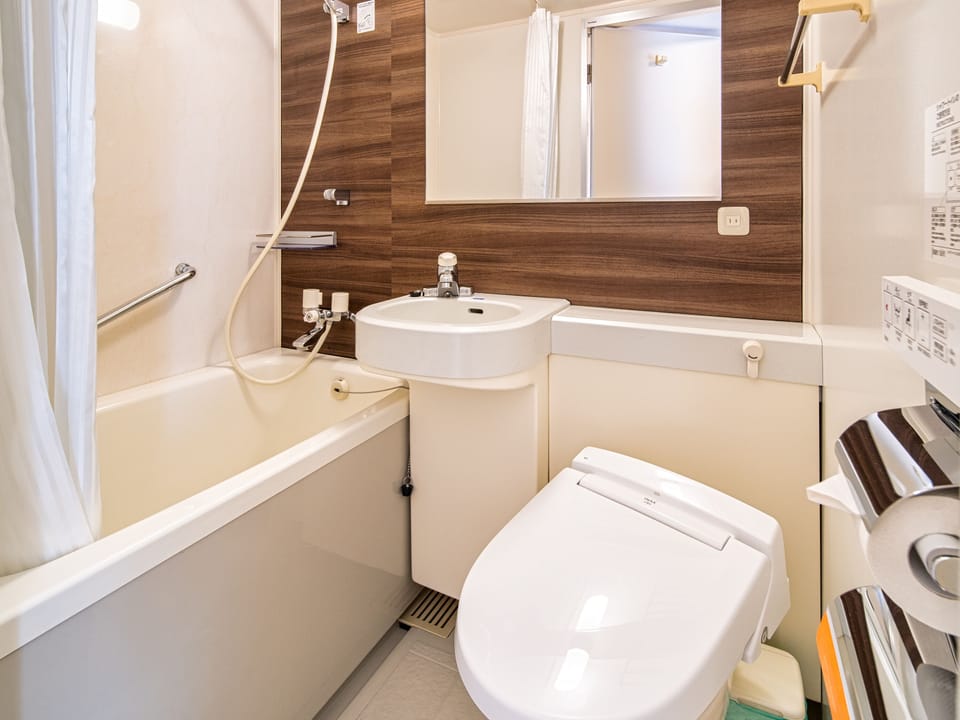 Combined shower/tub, free toiletries, hair dryer, slippers
