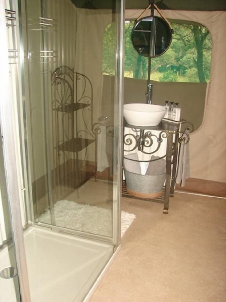 Shower, towels, shampoo, toilet paper