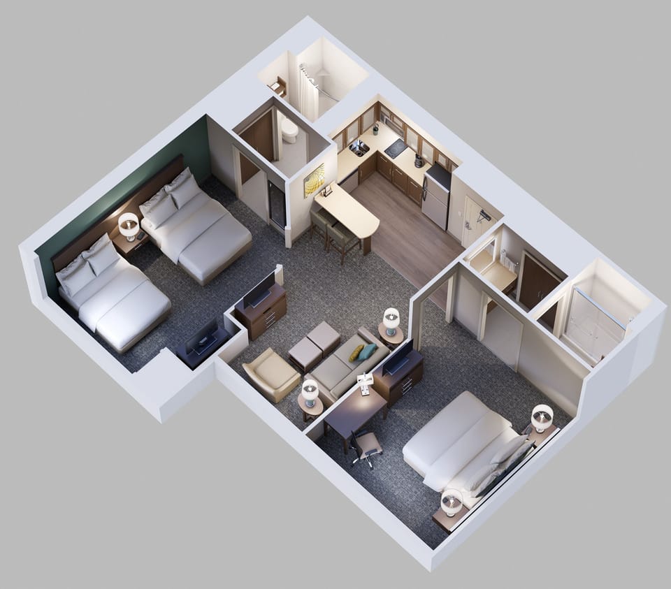 Individually furnished, desk, laptop workspace, blackout drapes