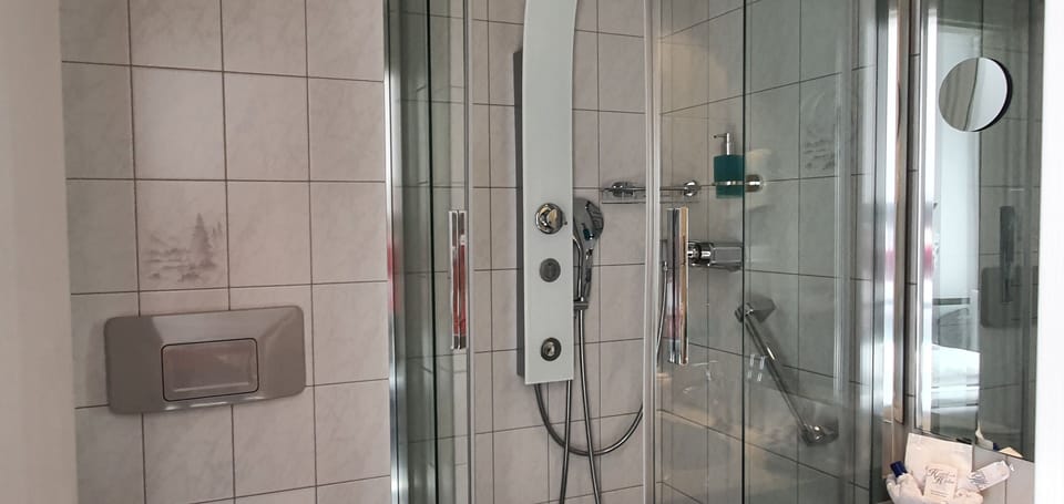 Deluxe Single Room (Haupthaus) | Bathroom | Shower, hair dryer, towels