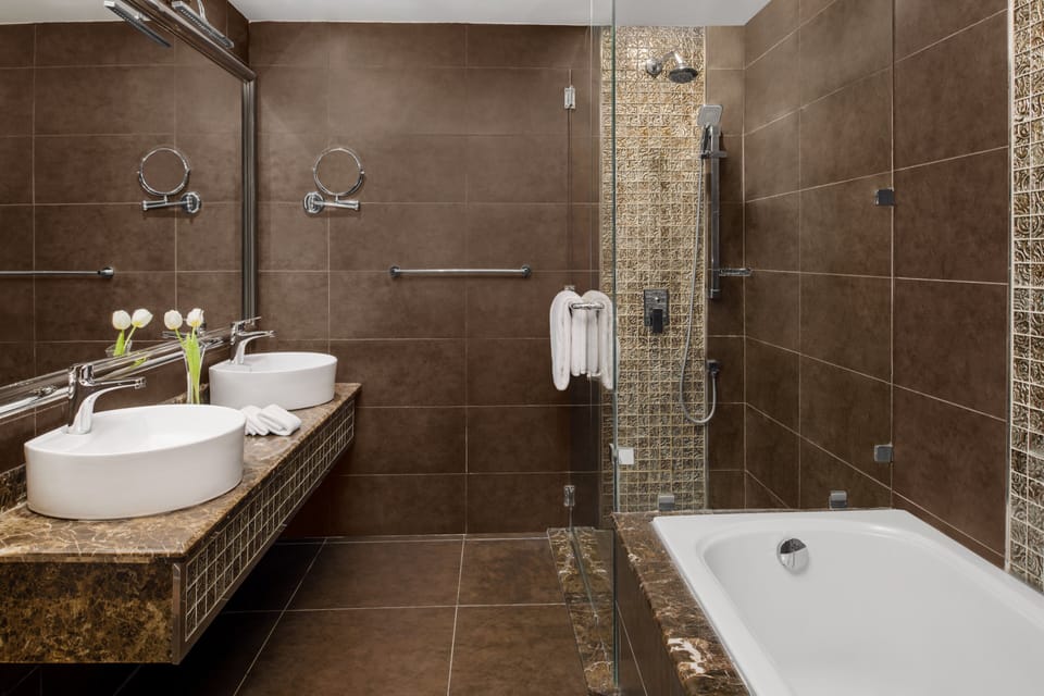 Combined shower/tub, free toiletries, hair dryer, bathrobes
