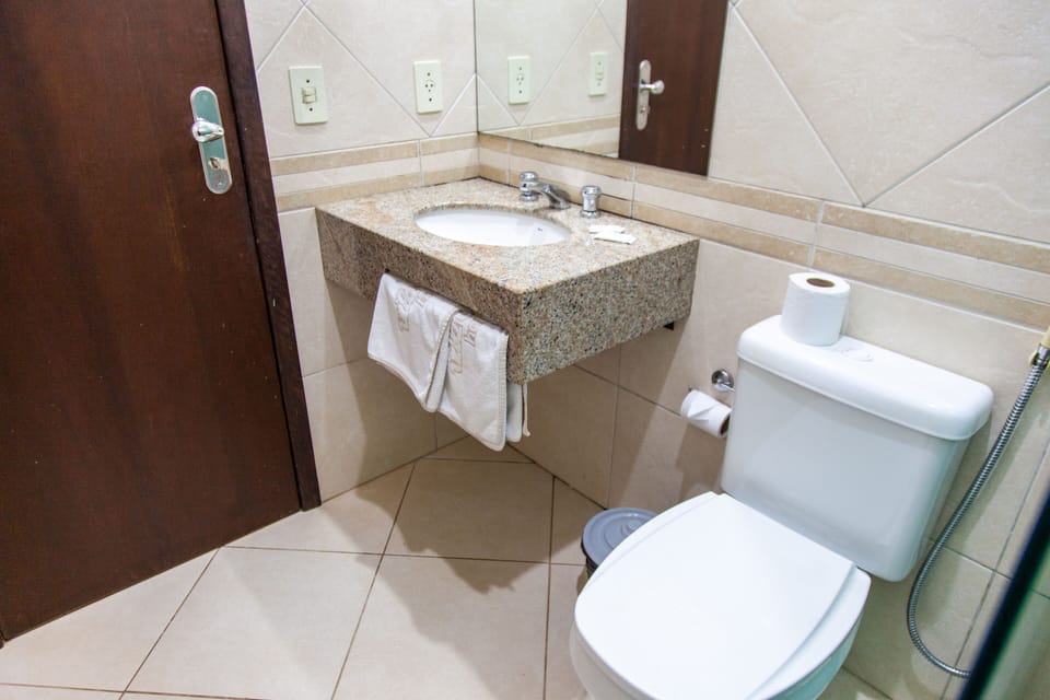 Shower, towels, soap, toilet paper