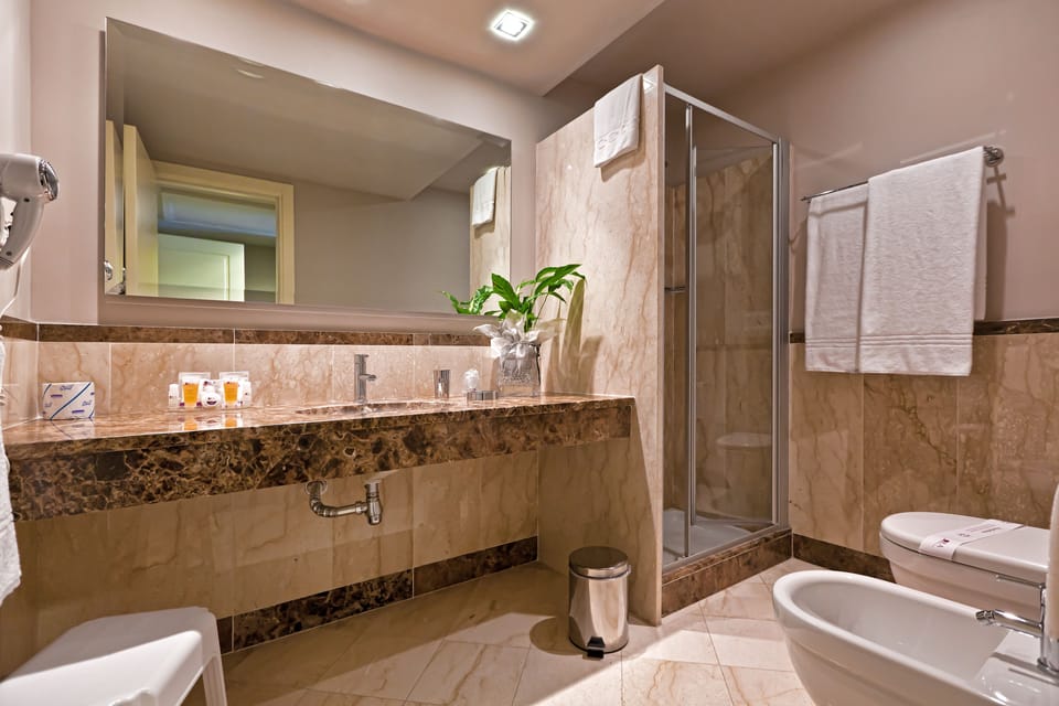 Free toiletries, hair dryer, bidet, towels