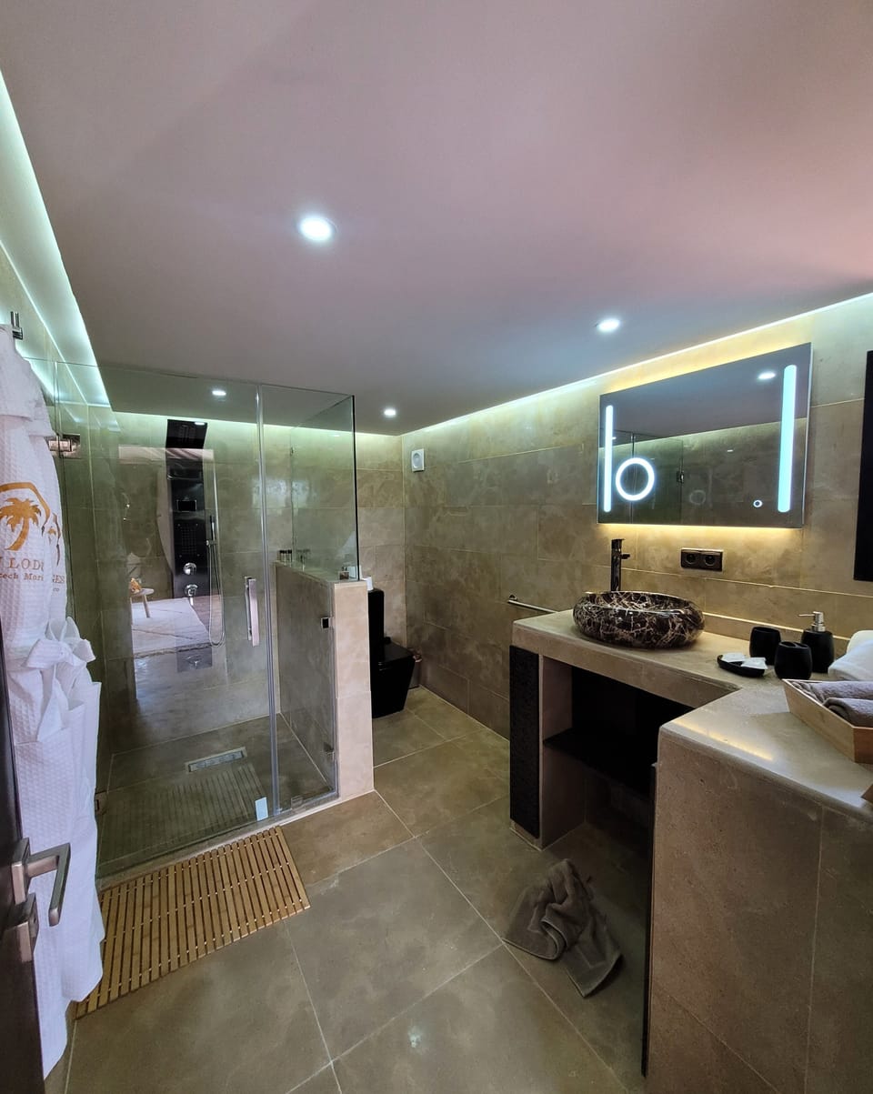 Lodge Exécutif L'Atlas | Bathroom | Shower, rainfall showerhead, designer toiletries, hair dryer