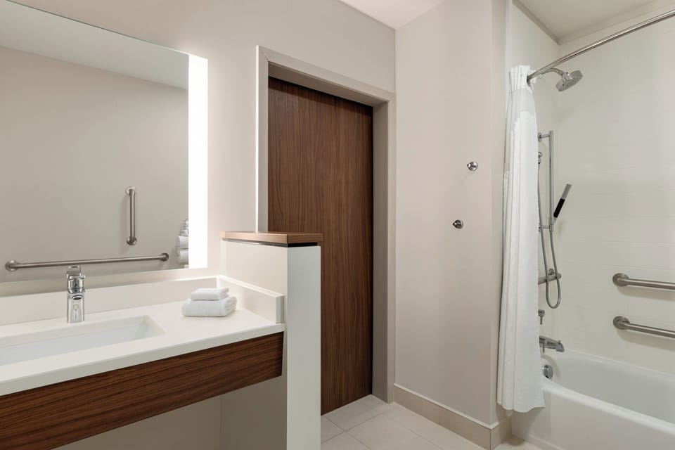 Hair dryer, towels, soap, shampoo
