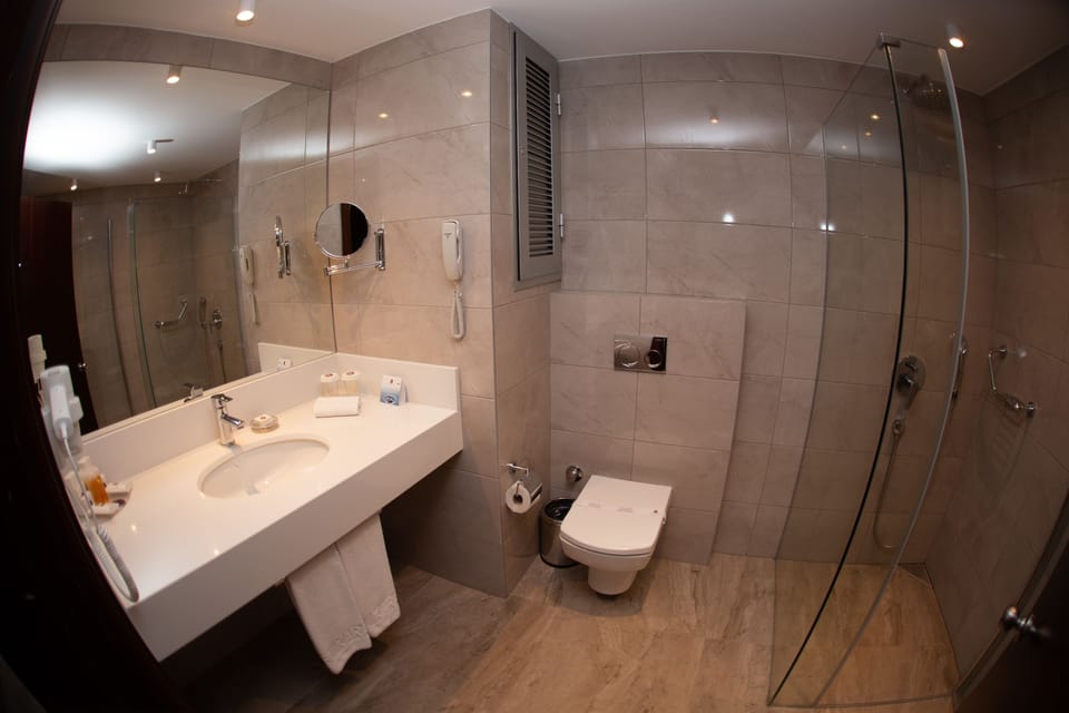 Combined shower/tub, free toiletries, hair dryer, slippers