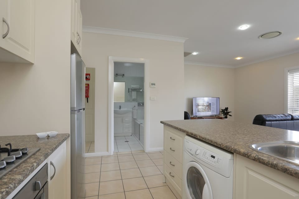 Fridge, microwave, electric kettle, toaster