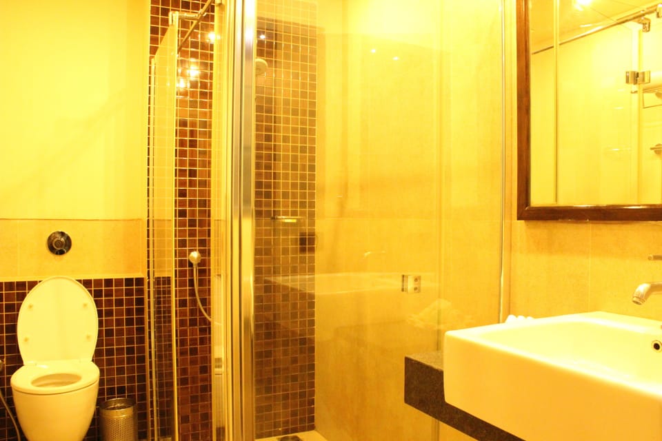Shower, designer toiletries, hair dryer, bathrobes