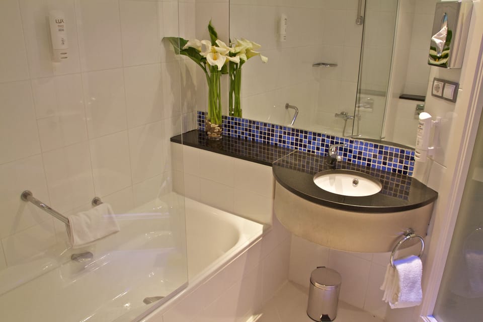 Combined shower/tub, free toiletries, hair dryer, bidet