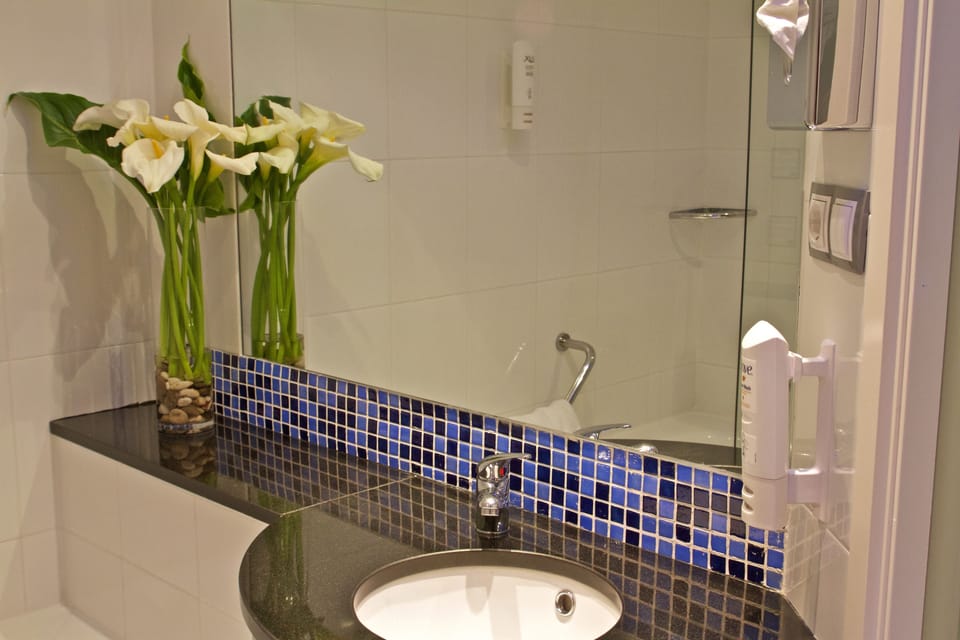 Combined shower/tub, free toiletries, hair dryer, bidet
