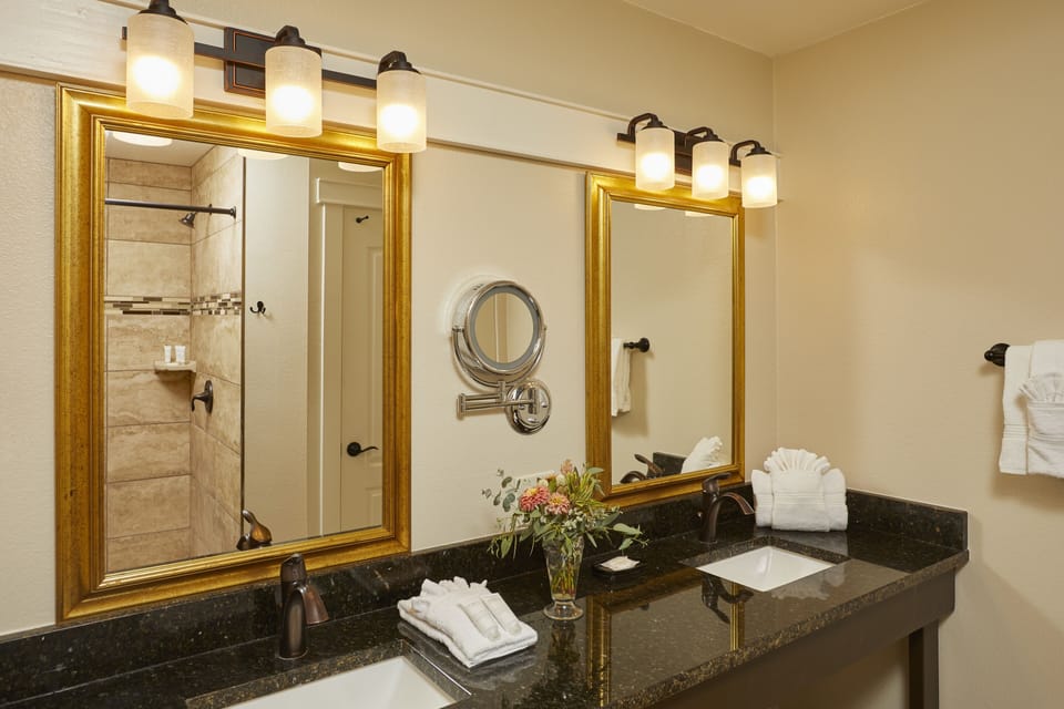 Combined shower/tub, deep soaking tub, hair dryer, towels
