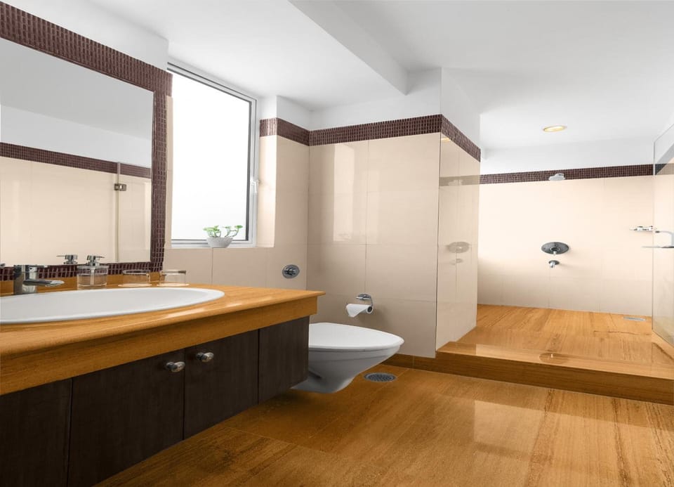 Shower, rainfall showerhead, free toiletries, hair dryer