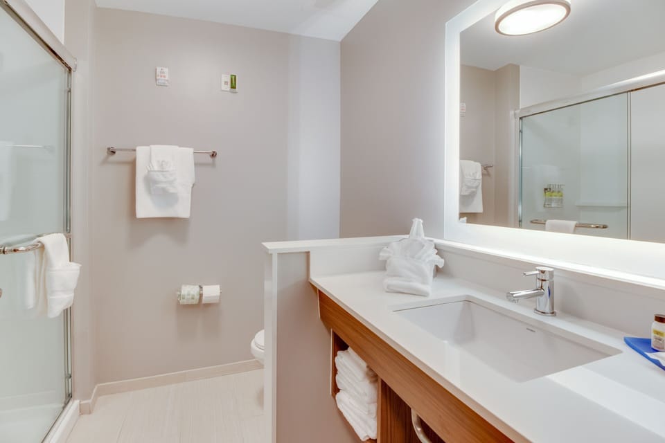 Hair dryer, towels, soap, shampoo