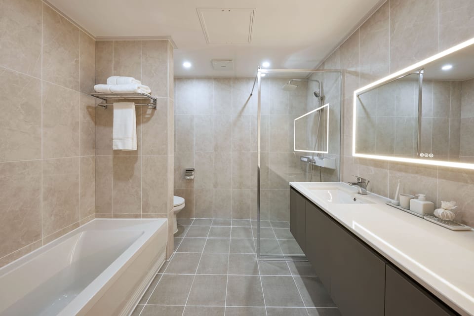 SUITE+(PLUS) | Bathroom | Shower, hair dryer, slippers, bidet