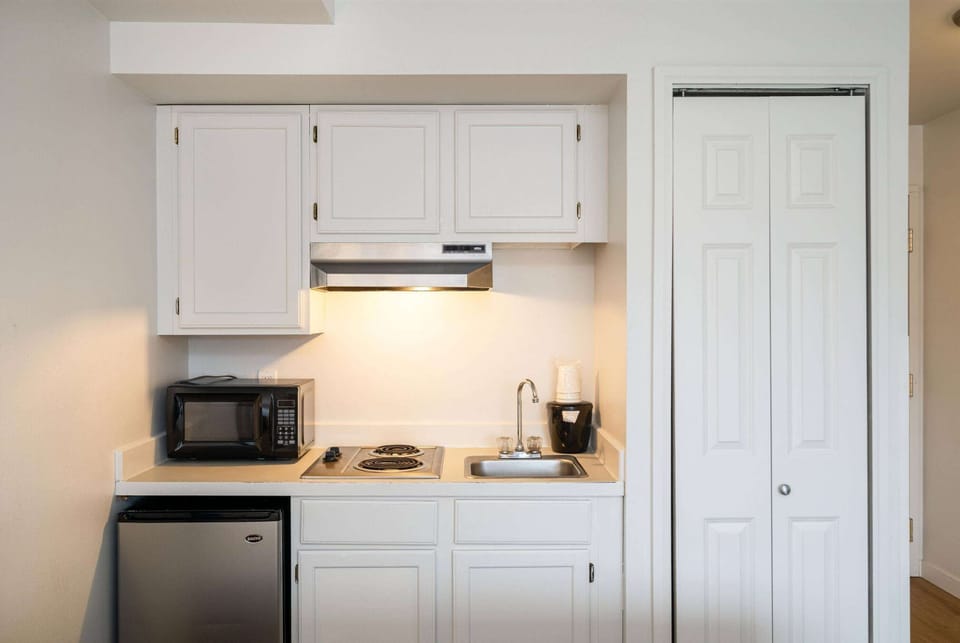 Mini-fridge, microwave, coffee/tea maker