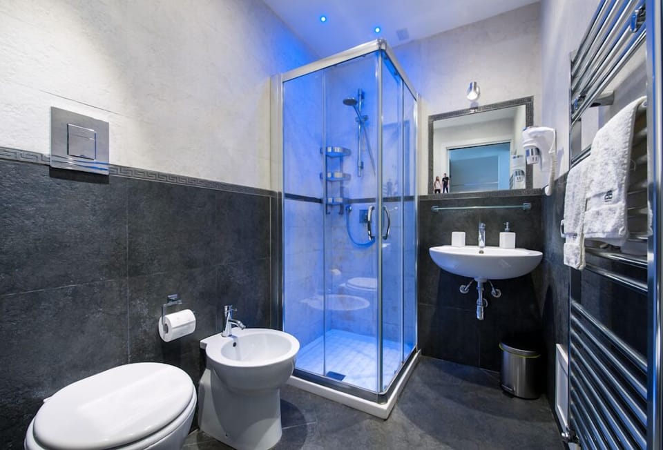 Shower, free toiletries, hair dryer, towels