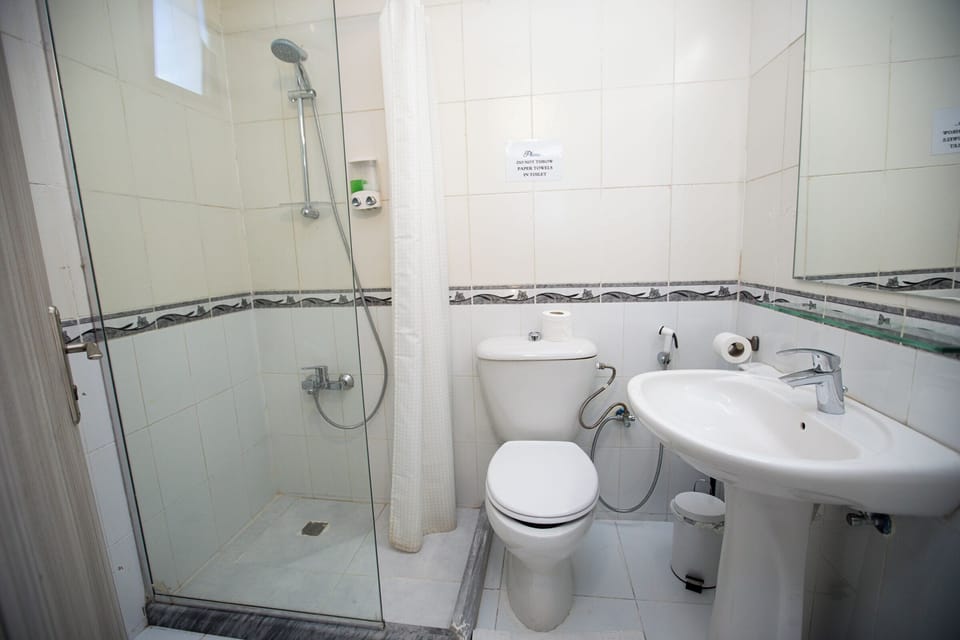 Shower, rainfall showerhead, bidet, towels
