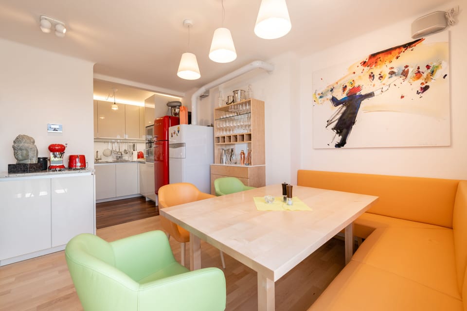 Panoramic Apartment, Terrace (Sauna, Whirlpool) | Shared kitchen | Fridge, microwave, oven, stovetop