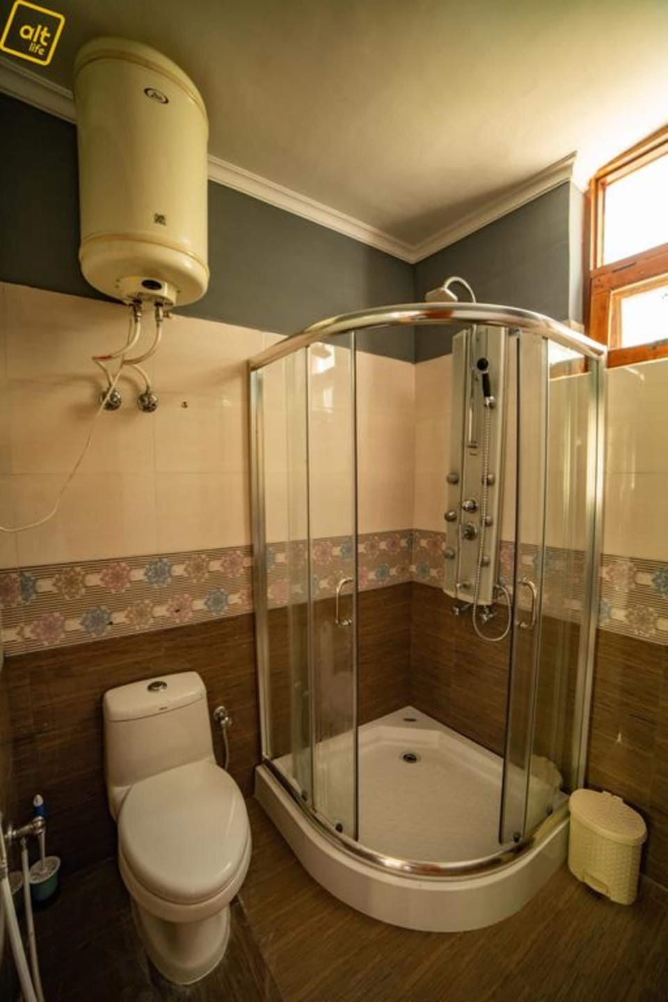Shower, slippers, towels, soap