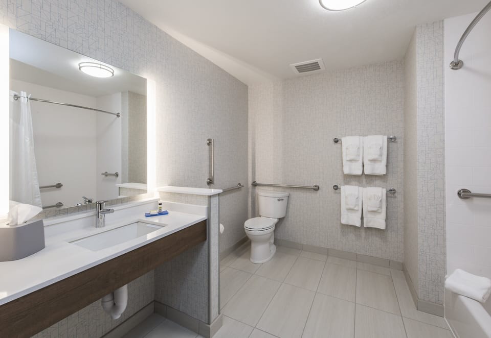 Eco-friendly toiletries, hair dryer, towels