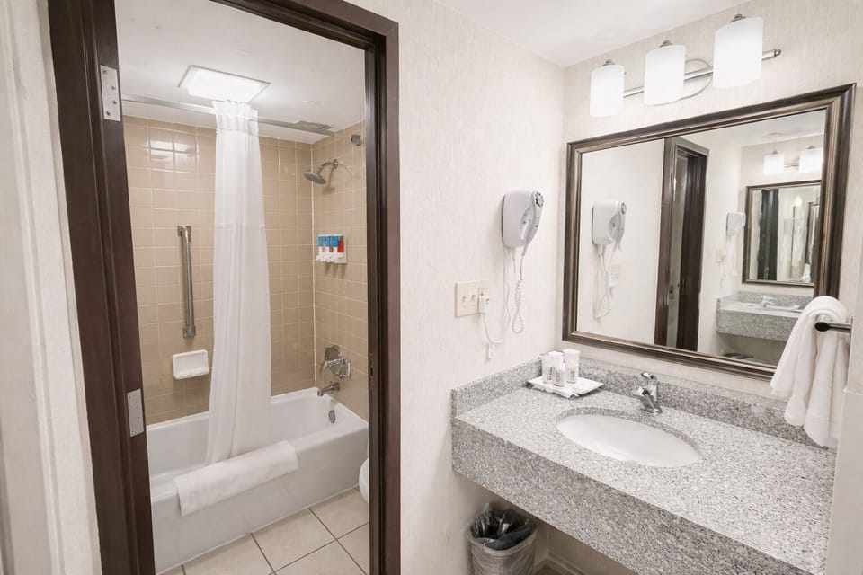 Combined shower/tub, free toiletries, hair dryer, towels