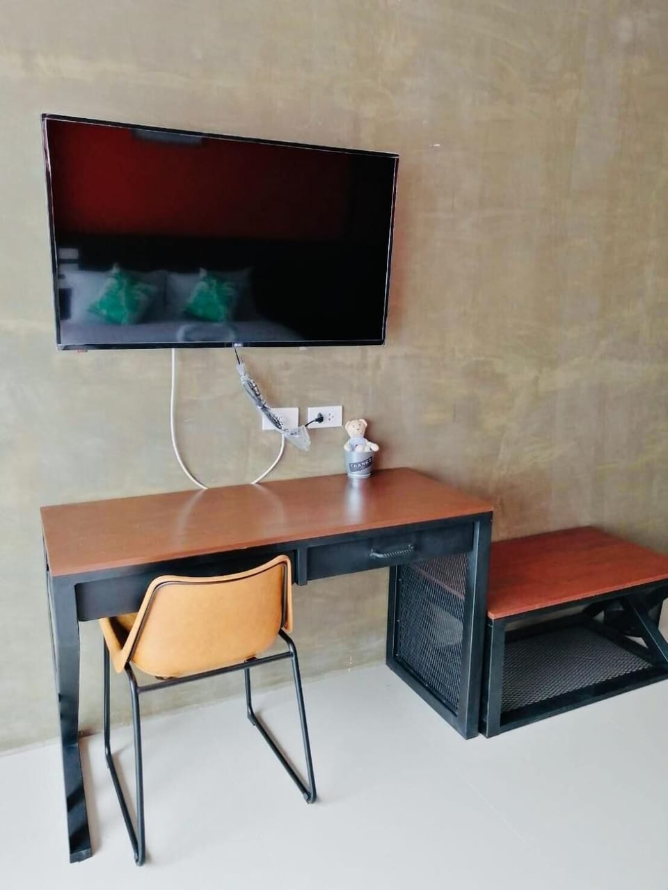 Individually decorated, desk, laptop workspace, blackout drapes