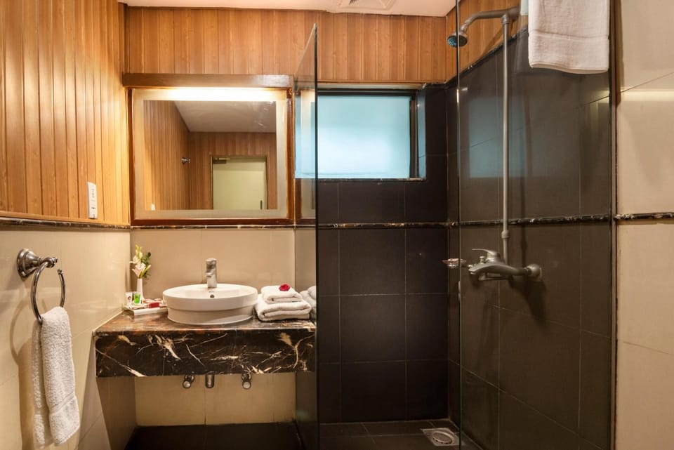 Shower, hair dryer, bathrobes, slippers