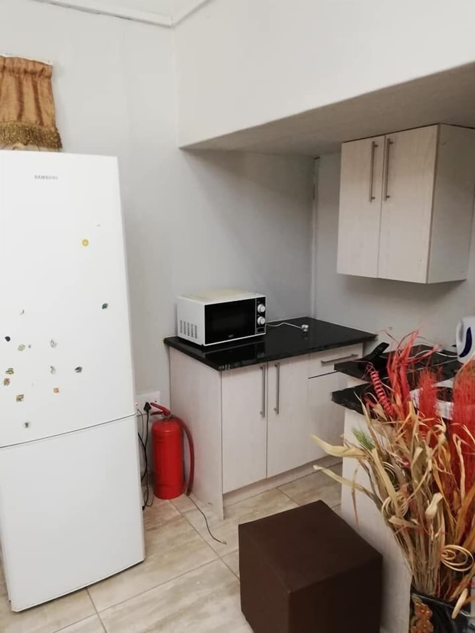 Fridge, microwave, electric kettle, cookware/dishes/utensils
