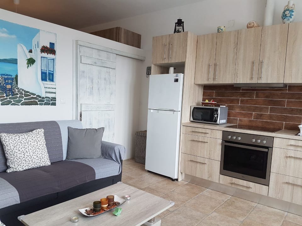House, 1 Bedroom (Ariadni) | Private kitchen | Full-size fridge, microwave, oven, stovetop