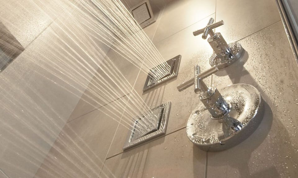 Shower, designer toiletries, hair dryer, towels