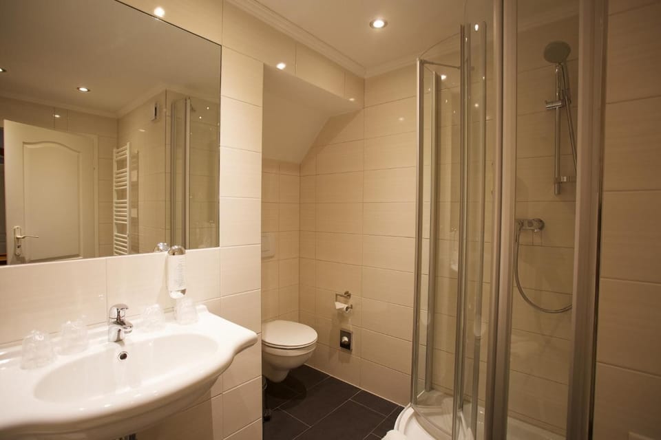 Shower, free toiletries, hair dryer, towels