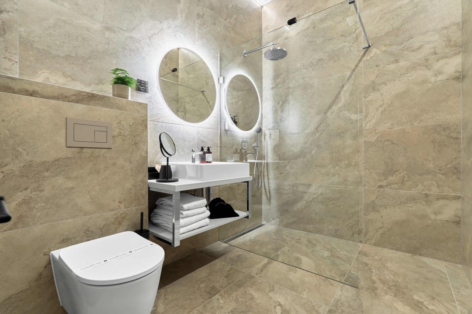 Deluxe Double Room | Bathroom | Shower, rainfall showerhead, designer toiletries, hair dryer