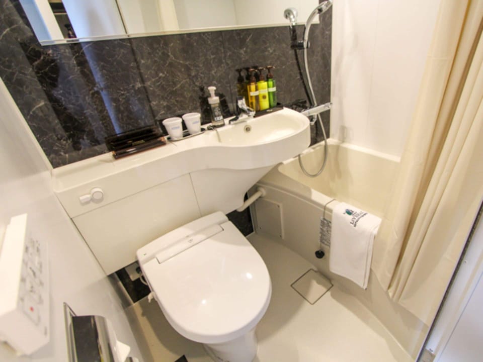 Combined shower/tub, free toiletries, hair dryer, slippers