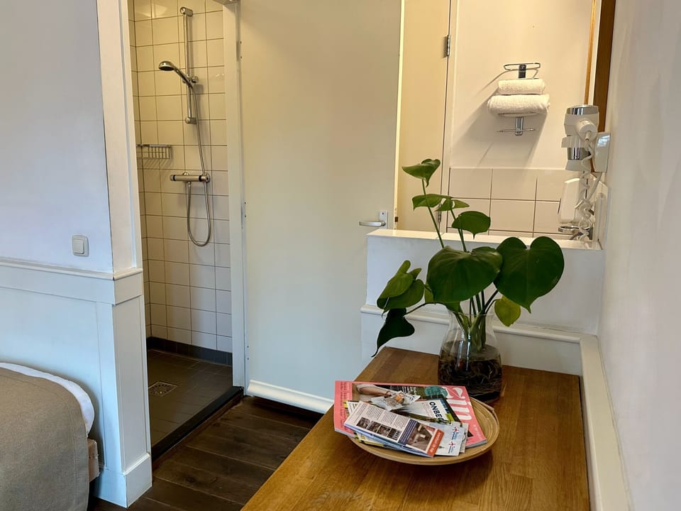 Basic Single Room, 1 Twin Bed (private shower) | Bathroom | Shower, hair dryer, towels