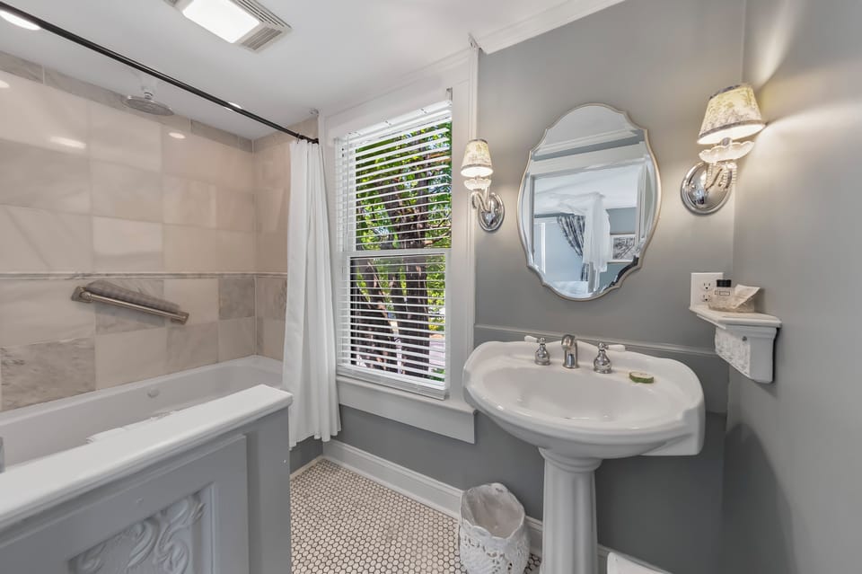 Romantic Room, Private Bathroom (The Hidden Room) | Bathroom | Combined shower/tub, jetted tub, free toiletries, hair dryer