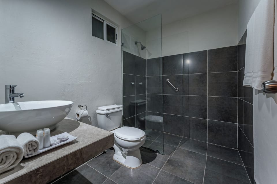 Shower, rainfall showerhead, free toiletries, towels