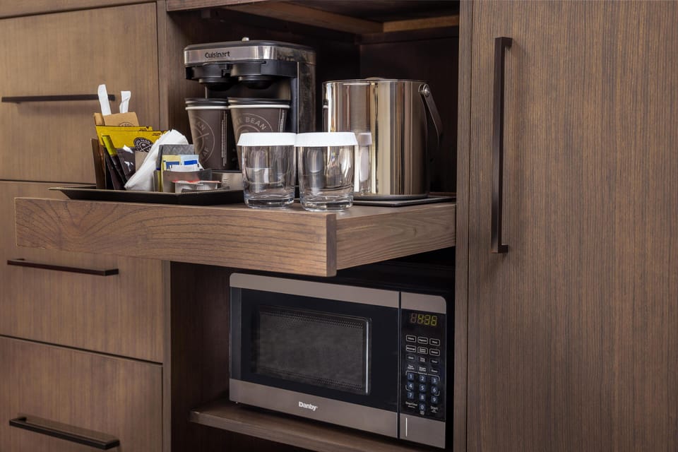Fridge, microwave, coffee/tea maker