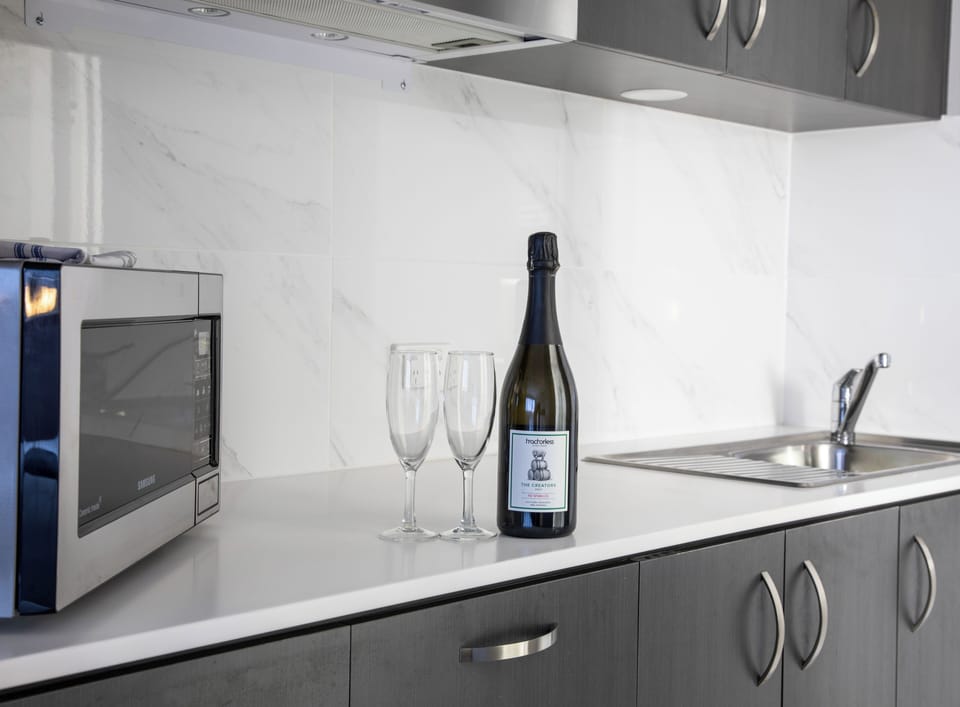 Fridge, microwave, stovetop, electric kettle